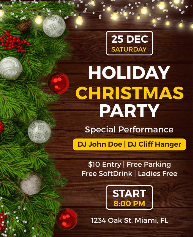 A classic Christmas party flyer with red, green, and gold colors, elegant fonts, and festive decorations