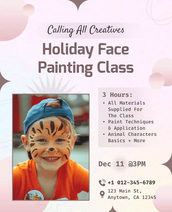 Holiday Face Painting Class Flyer Featuring Festive Designs and Information