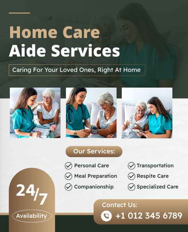 Vibrant home care aide flyer promoting senior caregiving services.