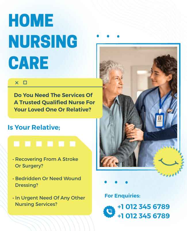 Nurse-focused home care flyer with patient imagery and caregiving details.