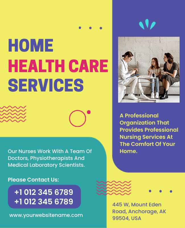 Modern home health care flyer highlighting medical and personal care.