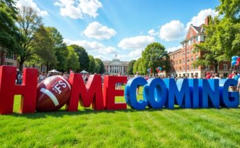 Red and blue HOMECOMING sign on a college lawn with a football prop and crowd