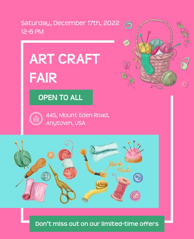 A modern art fair flyer with a striking hot pink color scheme.