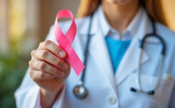 Doctor holding a pink ribbon for cancer awareness