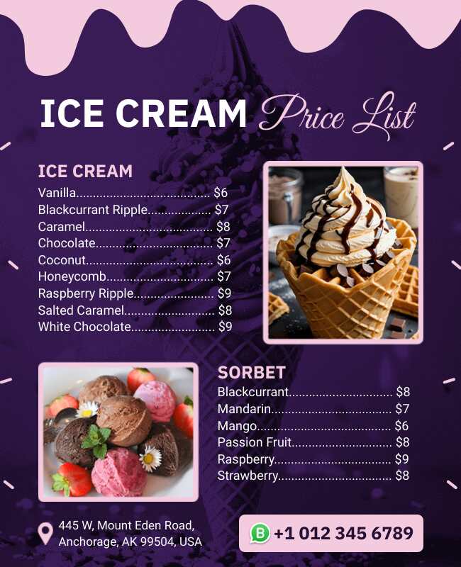 Purple Ice Cream Menu Price List Flyer Template