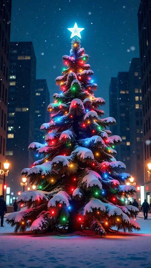 Iconic City Christmas Scene With Large Decorated Tree Wallpaper