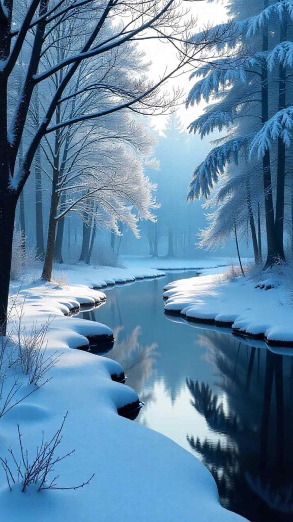 Icy River And Forest Scene Wallpaper