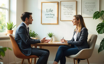 Life coach office with coach and client in discussion, flyer visible, and inspirational quotes on the wall