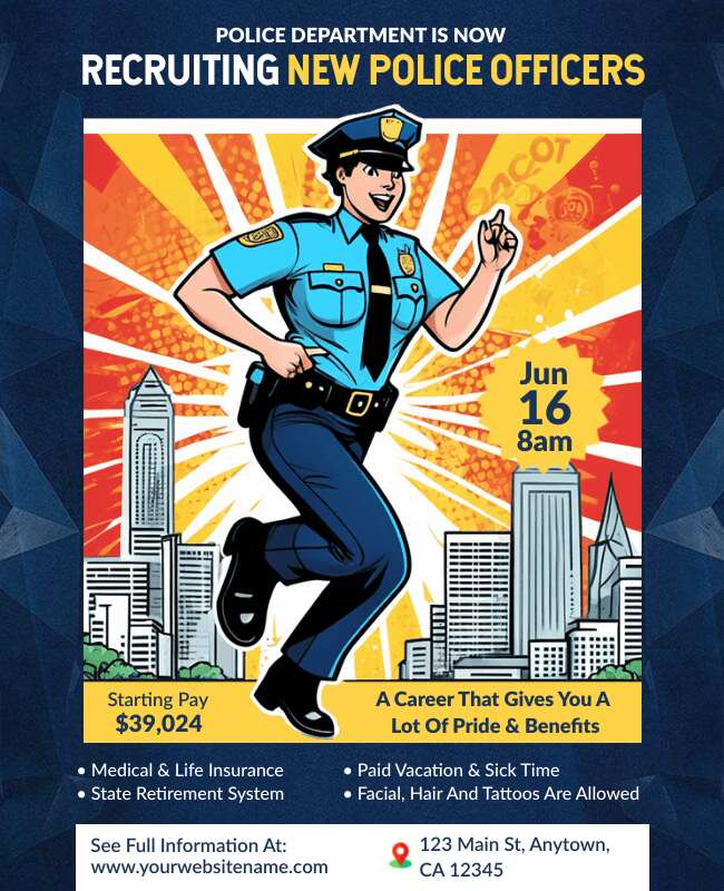 Police department recruitment flyer with an infographic layout for easy viewing of benefits.