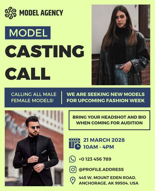 Informational model casting call flyer with clear text and key details for auditions.