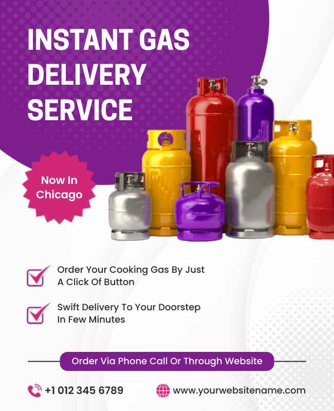 Instant gas delivery flyer with modern icons and fast service appeal.