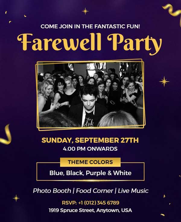 Elegant farewell party flyer with sophisticated design and event details