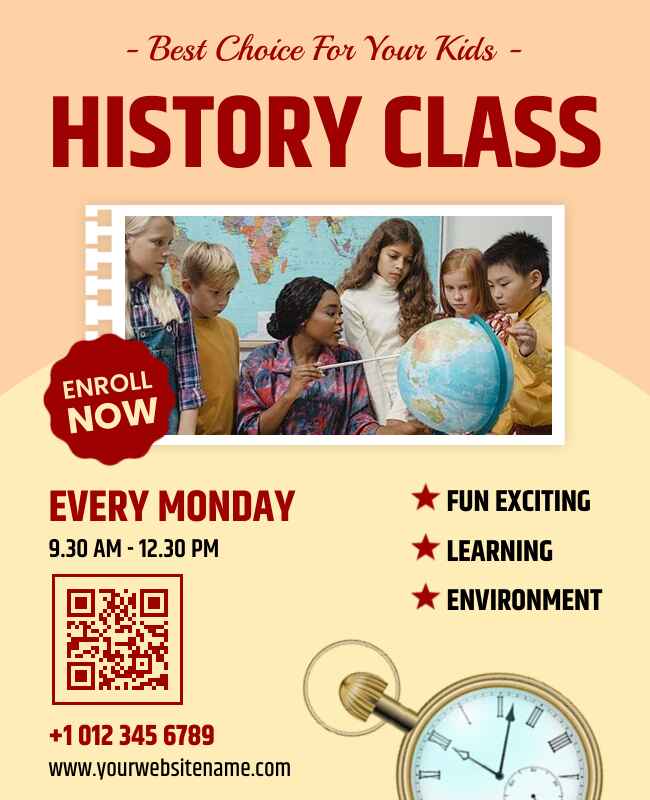 Interactive QR flyer for easy history class registration.