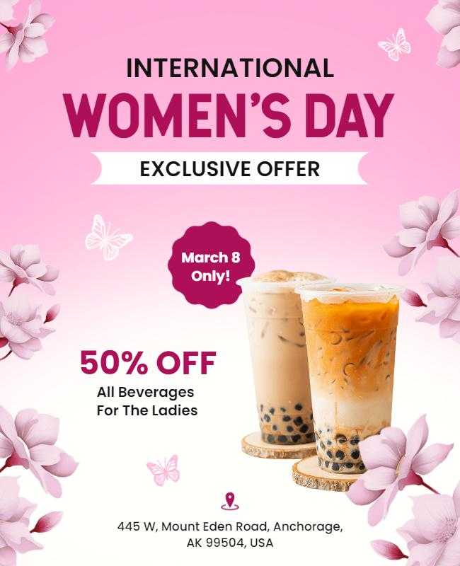 Flyer for International Women’s Day Beverage Discount Offer