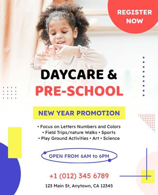 Interactive Elements Daycare and Preschool Flyer Featuring Engaging Design and Details