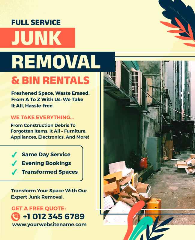 Flyer template promoting junk removal bin rental services for convenient disposal.