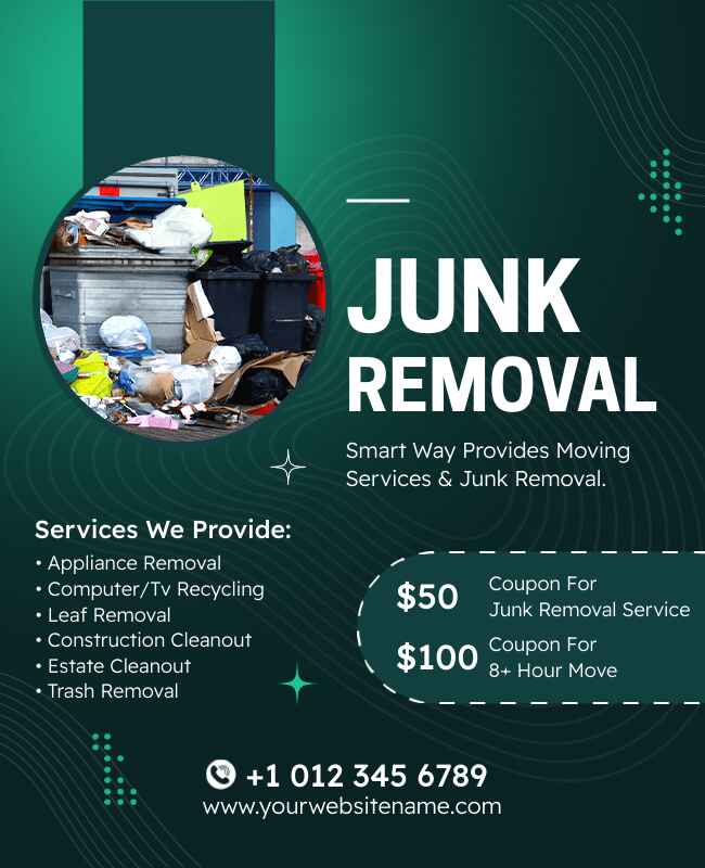 Professional flyer template for junk removal services with bold design elements.