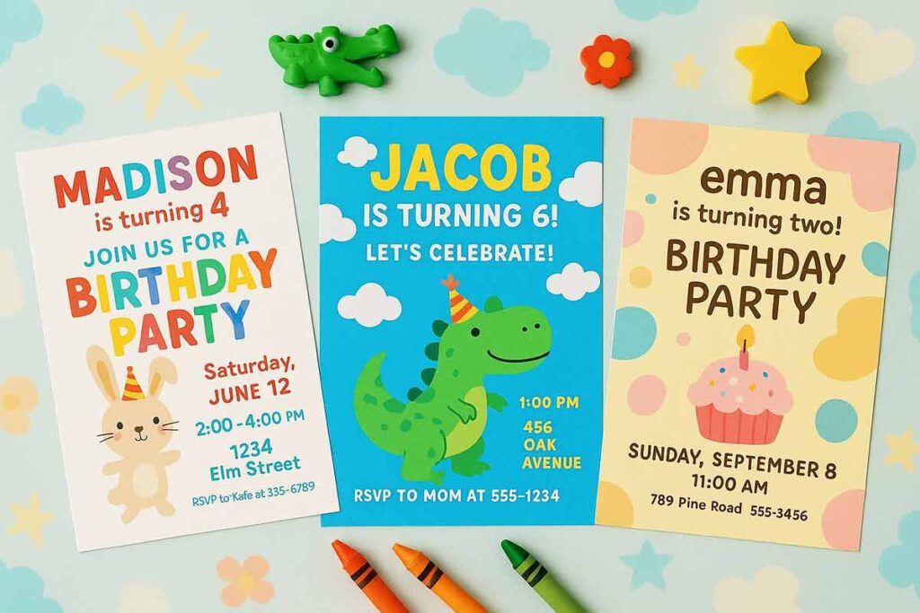 Three Vibrant Kids' Birthday Party Flyers, Each With Unique Themes And Playful Typography