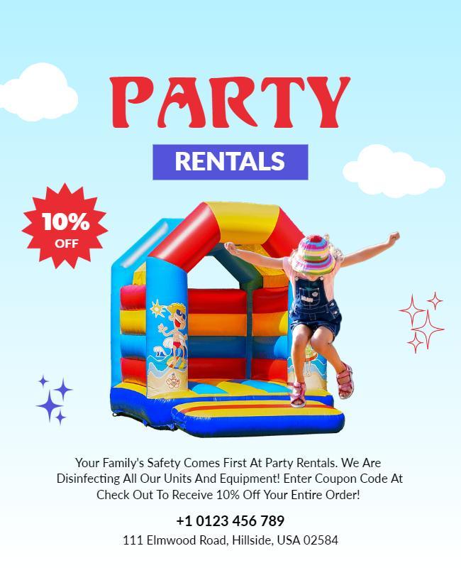 Colorful and engaging flyer showcasing inflatable bounce house rental for kids' parties