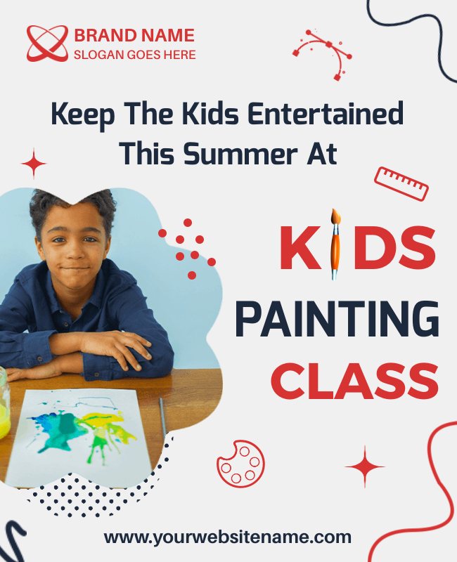 Cheerful flyer for kids' painting classes with fun, cartoon-style illustrations.