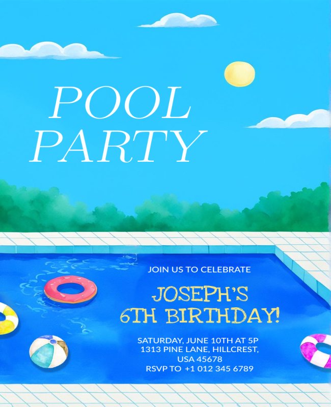 Vibrant pool party flyers with palm trees, cocktails, sunset, and wave patterns for a tropical vibe