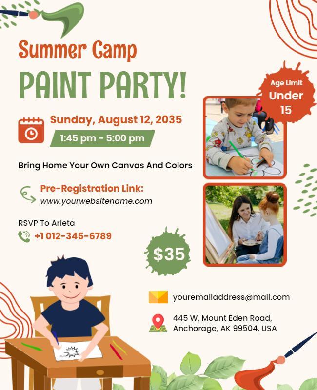 Colorful summer arts flyer for an camp where future artists experiment with paint, color, and imagination
