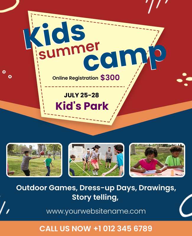 Flyer showcasing diverse kids' camp activities like sports, arts, and crafts for a fun-filled summer experience.