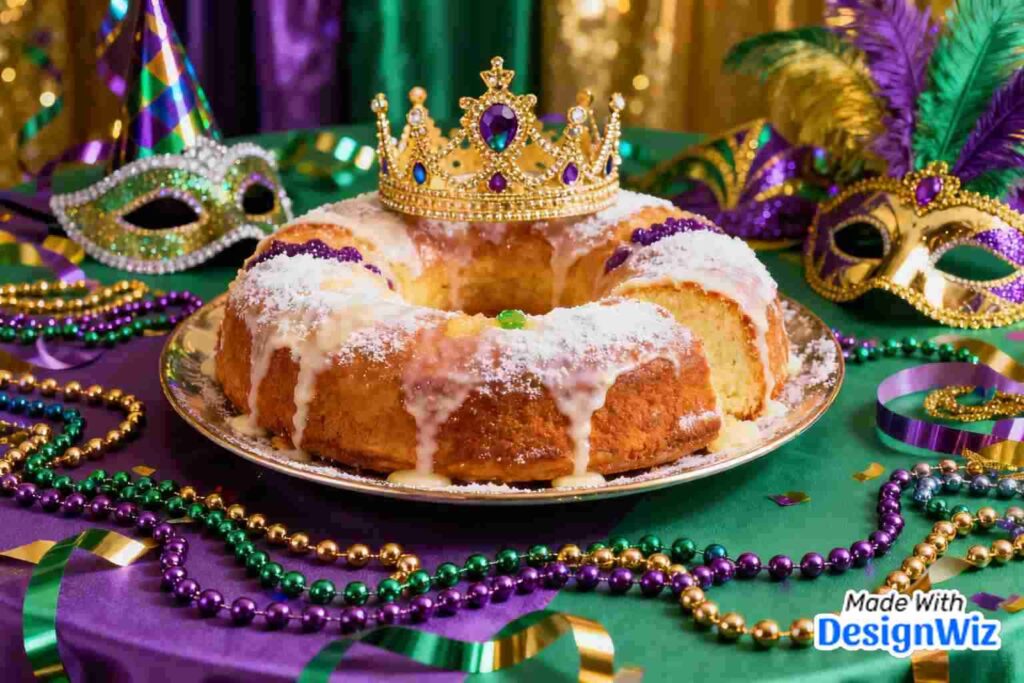 king cake mardi gras image with party decorations