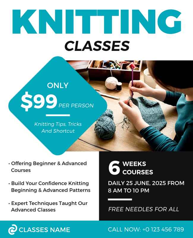 Knitting class flyer featuring cozy and creative design.