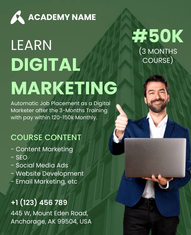 Digital marketing learning flyer promoting courses and training.