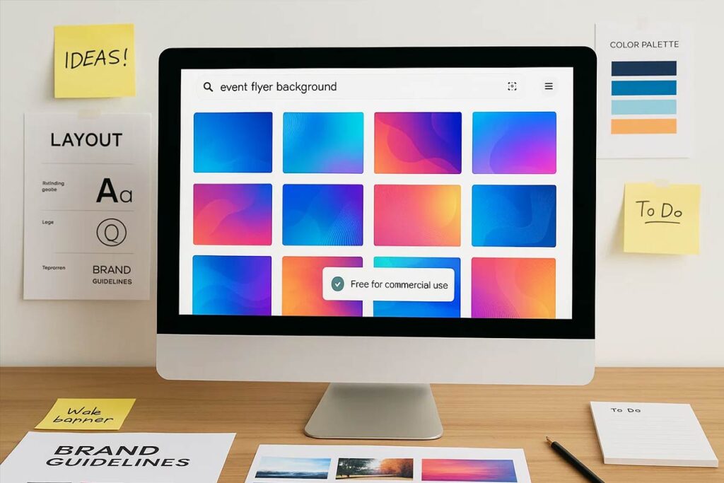A desktop computer with a bright, colorful wallpaper on its monitor.