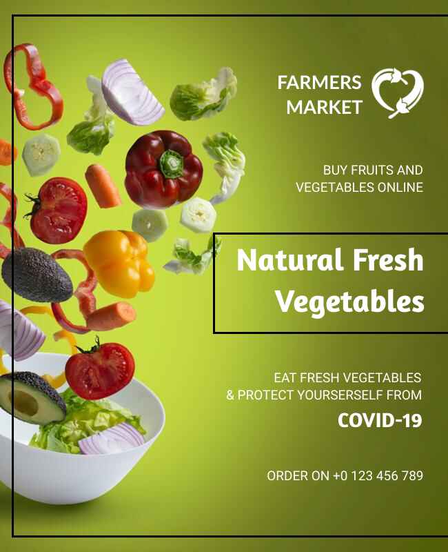 Flyer template with light and dark green shades featuring fresh vegetables and modern design.