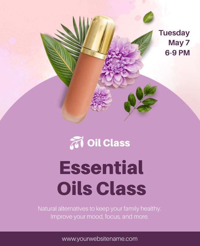 Elegant lilac-themed essential oils flyer with a fresh and floral touch.