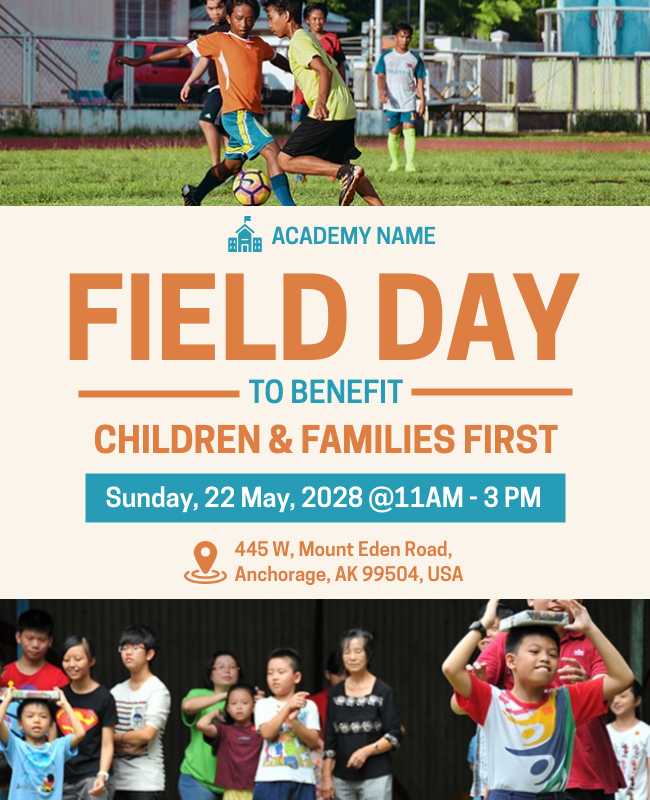 Sports-themed field day flyer with dynamic graphics and energetic design