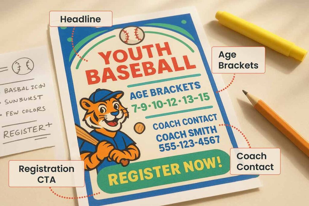 Professional little league flyer example with key elements highlighted