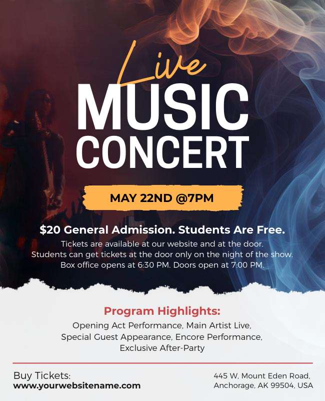 Live music concert flyer featuring event details, bold typography, and instrument imagery