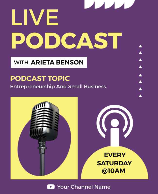 Bright live podcast flyer with bold headings and microphone graphic.