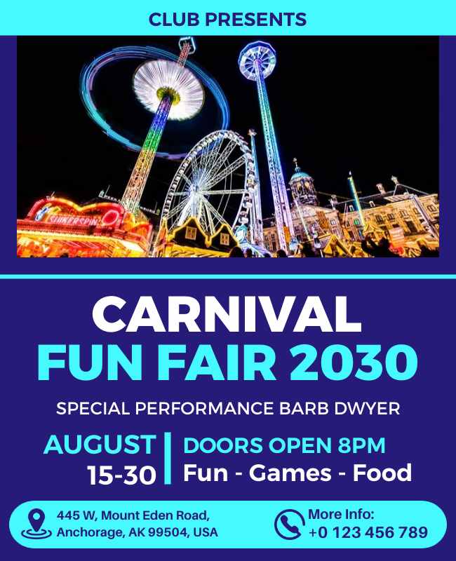 Colorful flyer with icons of rides, games, and food attractions.