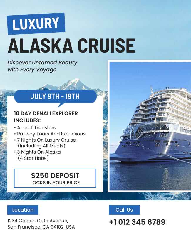 Luxury Alaska cruise vacation flyer template showcasing premium travel packages.