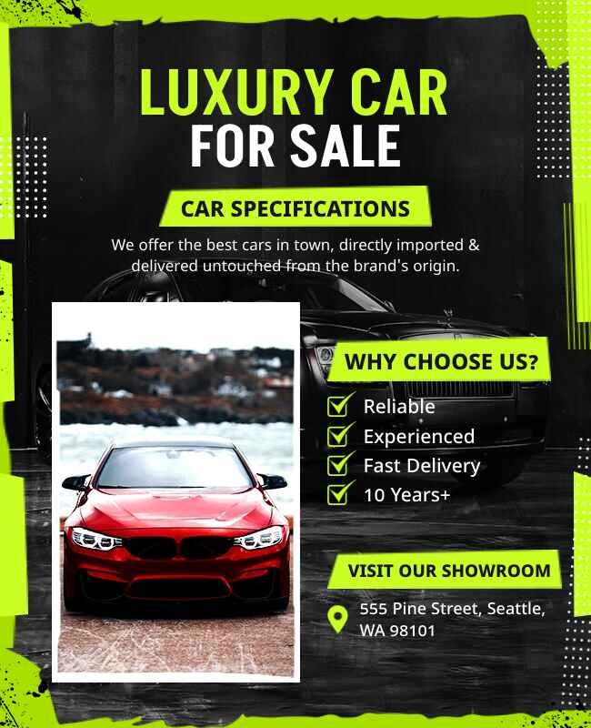 Promotional flyer for luxury cars for sale with sleek visuals.