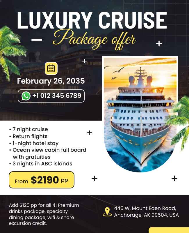 Luxury cruise package offer flyer template promoting exclusive deals and services.