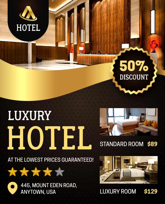 Elegant flyer highlighting luxury hotel features and services.