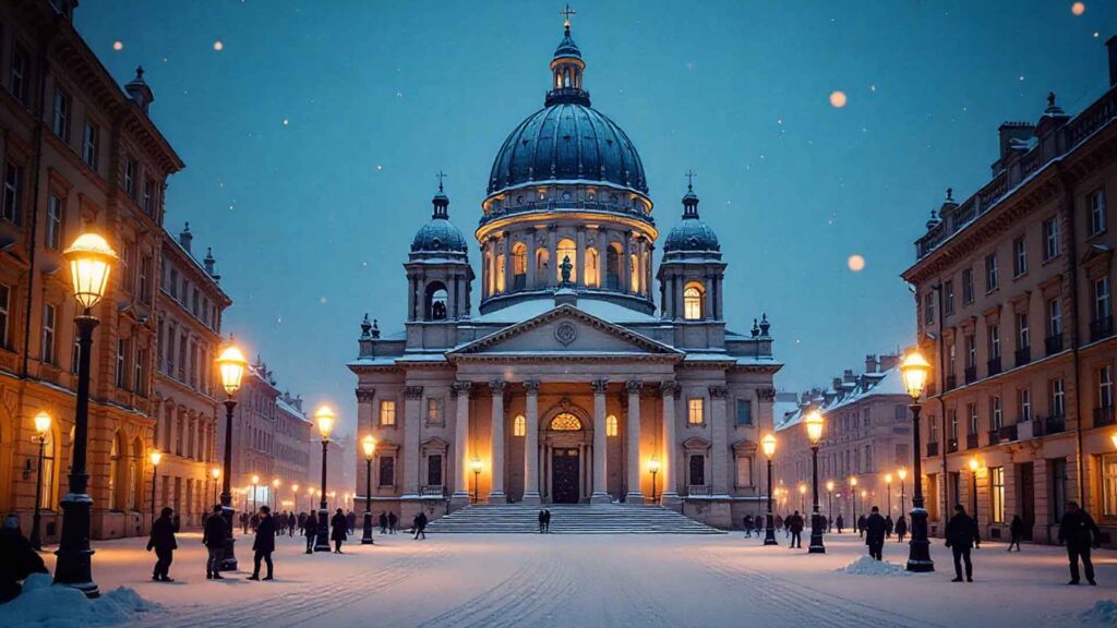 Majestic Cathedral In Winter Snowfall Wallpaper
