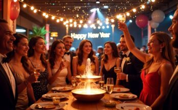 Cheerful guests in elegant attire at a lively New Year party with vibrant decorations and a champagne fountain