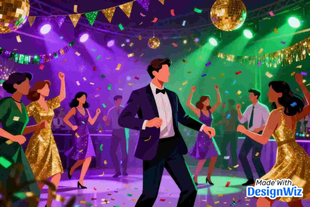 mardi gras image with celebration scene in tricolor theme