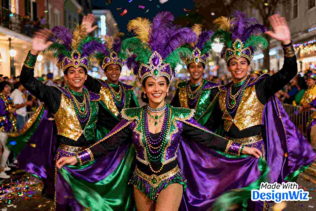 mardi gras image with creative group showcasing costumes