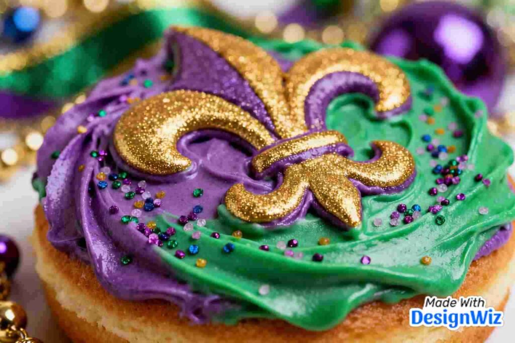 mardi gras image with detailed icing and colored sugar
