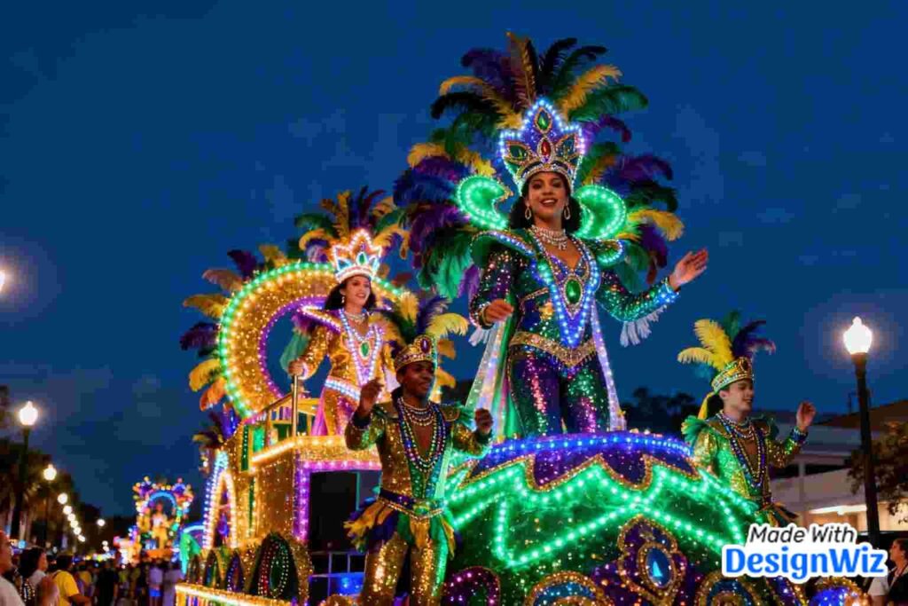 mardi gras image with parade beautifully illuminated floats