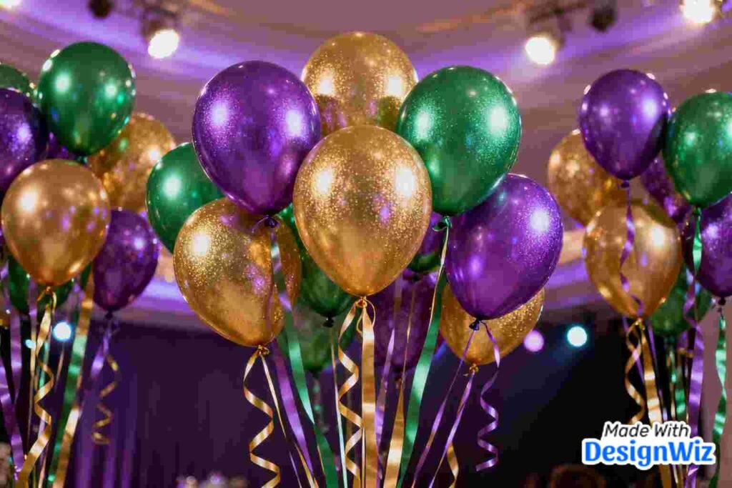 mardi gras image with purple, green, and gold balloons