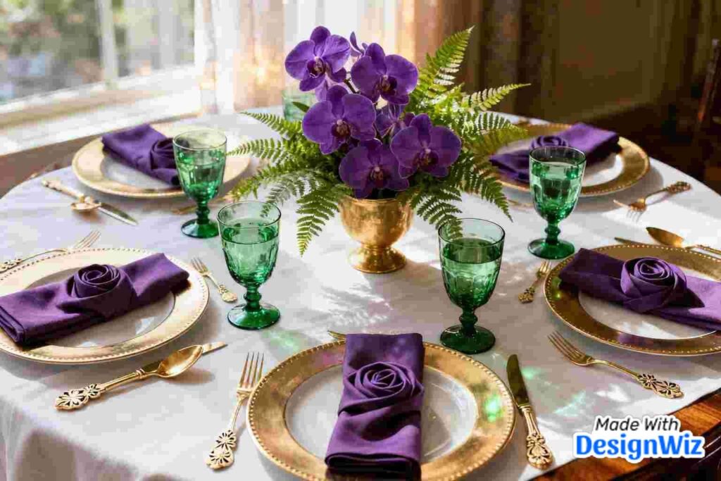 mardi gras image with table setting coordinated decorations